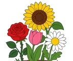 Smiling rose, tulip, sunflower, and daisy grouped on a simple garden patch on a white background.