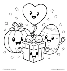 Smiling holiday icons with a gift box, pumpkin, Easter egg, and heart balloon on a white background.