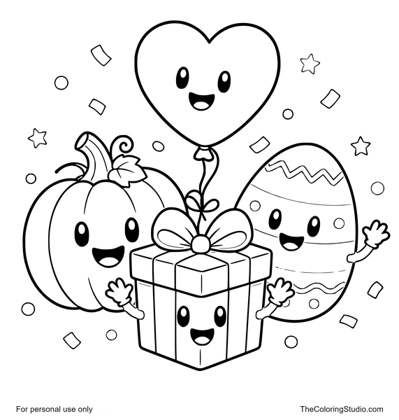 Smiling holiday icons with a gift box, pumpkin, Easter egg, and heart balloon on a white background.