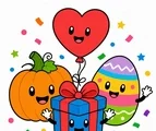 Smiling holiday icons with a gift box, pumpkin, Easter egg, and heart balloon on a white background.