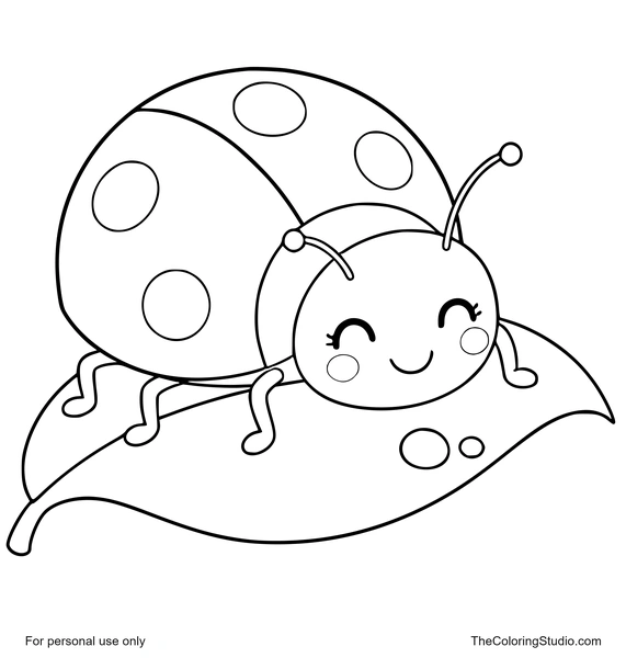 Cheerful ladybug with bold black spots resting on a simple green leaf on a white background.