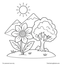 Flower and small tree on a grassy hill with soft mountains and a simple sun for a clean Nature category cover.