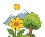 Flower and small tree on a grassy hill with soft mountains and a simple sun for a clean Nature category cover.