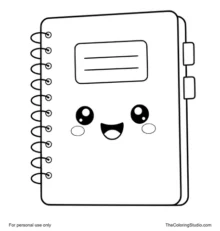 Smiling notebook with spiral binding, small page tabs, and a simple cover on a white background.
