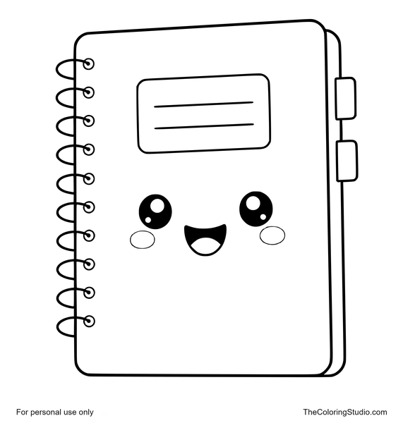 Smiling notebook with spiral binding, small page tabs, and a simple cover on a white background.