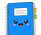 Smiling notebook with spiral binding, small page tabs, and a simple cover on a white background.