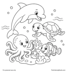 friendly dolphin, turtle, octopus, and clownfish gathered around a simple coral rock with clean outlines and flat colors