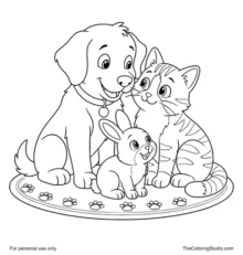 Cheerful dog, cat, and rabbit sitting together on a simple pet rug with clean outlines and flat colors.