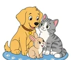 Cheerful dog, cat, and rabbit sitting together on a simple pet rug with clean outlines and flat colors.