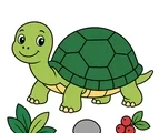 cute turtle walking near forest leaves berries and a rock