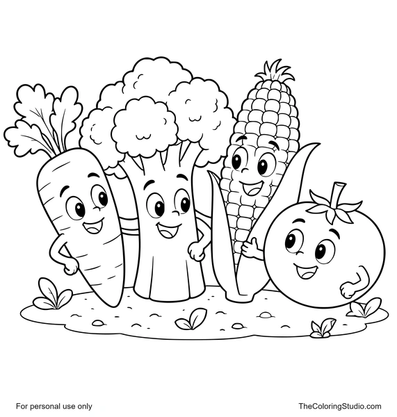 Cheerful carrot, broccoli, corn cob, and tomato standing together on a simple garden patch with friendly expressions.