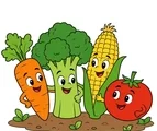 Cheerful carrot, broccoli, corn cob, and tomato standing together on a simple garden patch with friendly expressions.