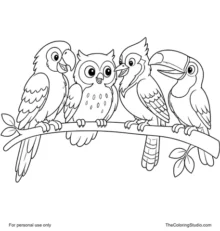 Parrot, owl, blue jay, and toucan perched together on a simple branch with friendly expressions and flat colors on a white background.