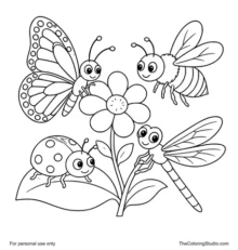 Butterfly, bee, ladybug, and dragonfly grouped around a simple flower and leaf on a white background.