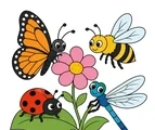 Butterfly, bee, ladybug, and dragonfly grouped around a simple flower and leaf on a white background.