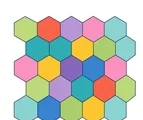 Honeycomb hexagon grid with large touching colorful cells on a white background.