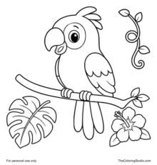 cute colorful parrot perched on a jungle branch with leaves vine and flower