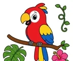 cute colorful parrot perched on a jungle branch with leaves vine and flower