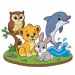 Animals category cover with a lion cub, dolphin, owl, and rabbit grouped together on a simple shared nature platform.