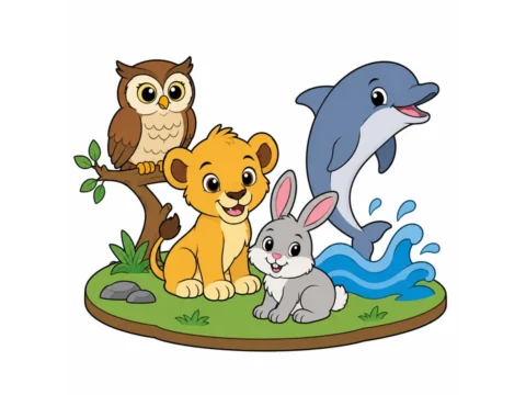 Animals category cover with a lion cub, dolphin, owl, and rabbit grouped together on a simple shared nature platform.