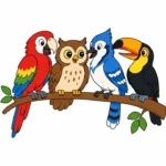 Parrot, owl, blue jay, and toucan perched together on a simple branch with friendly expressions and flat colors on a white background.