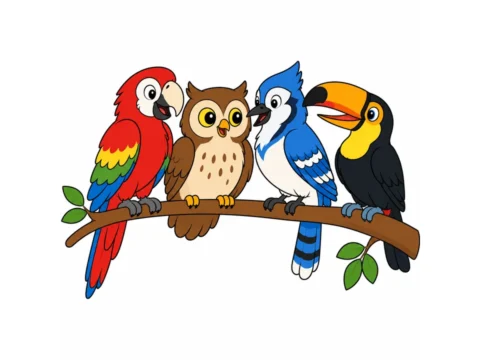 Parrot, owl, blue jay, and toucan perched together on a simple branch with friendly expressions and flat colors on a white background.