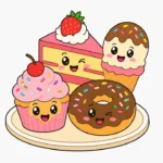Smiling dessert treats with a cake slice, cupcake, donut, and ice cream grouped on a white background.