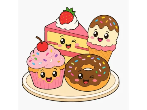 Smiling dessert treats with a cake slice, cupcake, donut, and ice cream grouped on a white background.