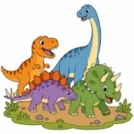 Cheerful group of four dinosaurs including a tyrannosaurus, triceratops, stegosaurus, and brachiosaurus arranged in a small parade on a white background.