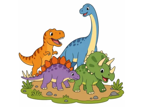 Cheerful group of four dinosaurs including a tyrannosaurus, triceratops, stegosaurus, and brachiosaurus arranged in a small parade on a white background.