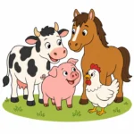 Cow, pig, horse, and chicken standing together with friendly faces on a simple farm ground.