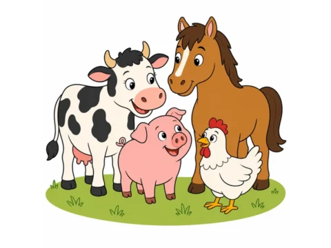 Cow, pig, horse, and chicken standing together with friendly faces on a simple farm ground.