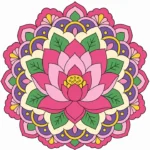 Lotus floral mandala with layered petals, green leaf shapes, and flat decorative loops on a white background.
