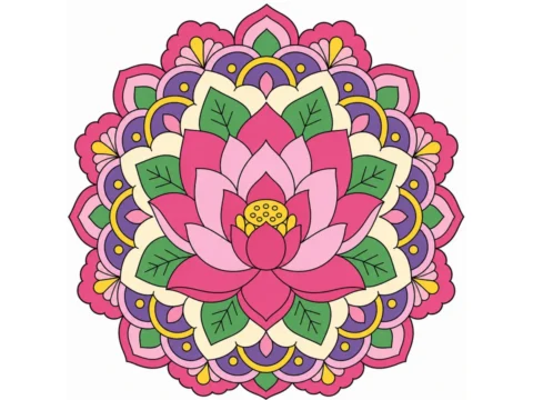 Lotus floral mandala with layered petals, green leaf shapes, and flat decorative loops on a white background.