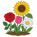 Rose, tulip, sunflower, and daisy grouped on a simple garden patch on a white background.