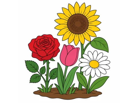 Rose, tulip, sunflower, and daisy grouped on a simple garden patch on a white background.