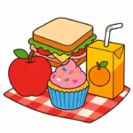 Smiling apple, cupcake, sandwich, and juice box grouped together on a white background.