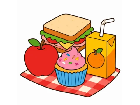 Smiling apple, cupcake, sandwich, and juice box grouped together on a white background.