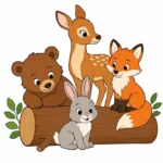 Cheerful bear cub, deer, fox, and rabbit gathered around a simple forest log on a white background.