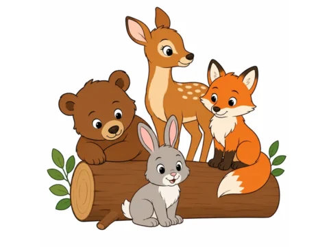 Cheerful bear cub, deer, fox, and rabbit gathered around a simple forest log on a white background.
