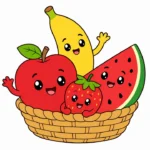 Apple, banana, strawberry, and watermelon slice arranged together around a small fruit basket on a white background.