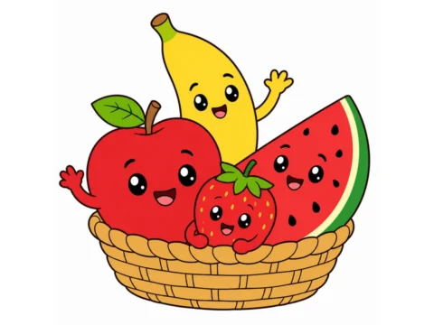 Apple, banana, strawberry, and watermelon slice arranged together around a small fruit basket on a white background.