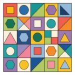 Geometric mosaic grid with squares, circles, triangles, and hexagons on a white background.