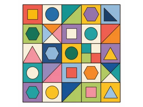 Geometric mosaic grid with squares, circles, triangles, and hexagons on a white background.