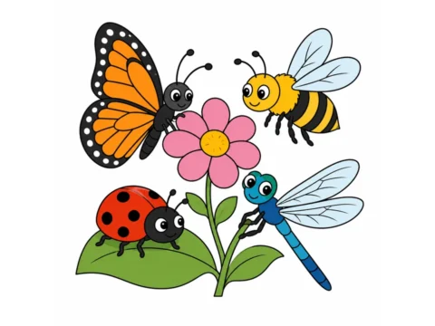 Butterfly, bee, ladybug, and dragonfly grouped around a simple flower and leaf on a white background.