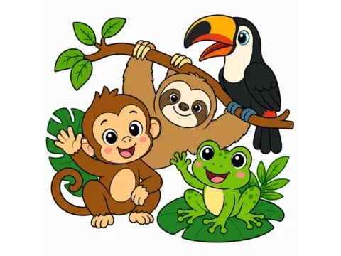 Monkey, sloth, toucan, and frog interacting together with simple tropical leaves on a white background.