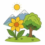 Flower and small tree on a grassy hill with soft mountains and a simple sun for a clean Nature category cover.