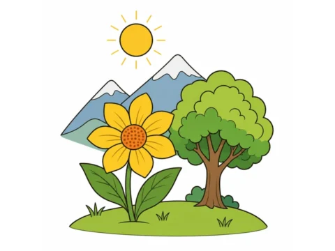 Flower and small tree on a grassy hill with soft mountains and a simple sun for a clean Nature category cover.