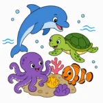 friendly dolphin, turtle, octopus, and clownfish gathered around a simple coral rock with clean outlines and flat colors