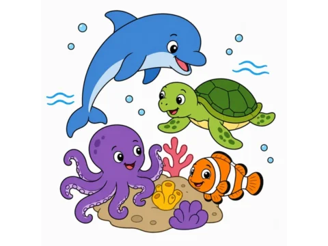 friendly dolphin, turtle, octopus, and clownfish gathered around a simple coral rock with clean outlines and flat colors